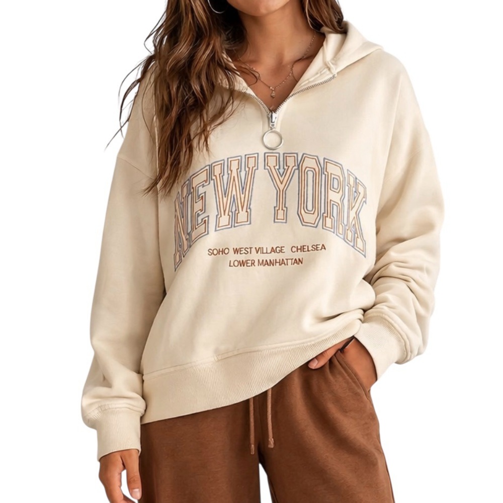 Vinyl Icons Cream New York Half Zip Hoodie Fleece L